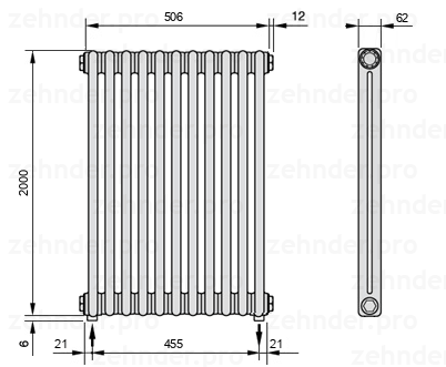 Схема (чертеж) Радиатор Zehnder Charleston 2200/11 №5310 Белый глянцевый RAL 9016
